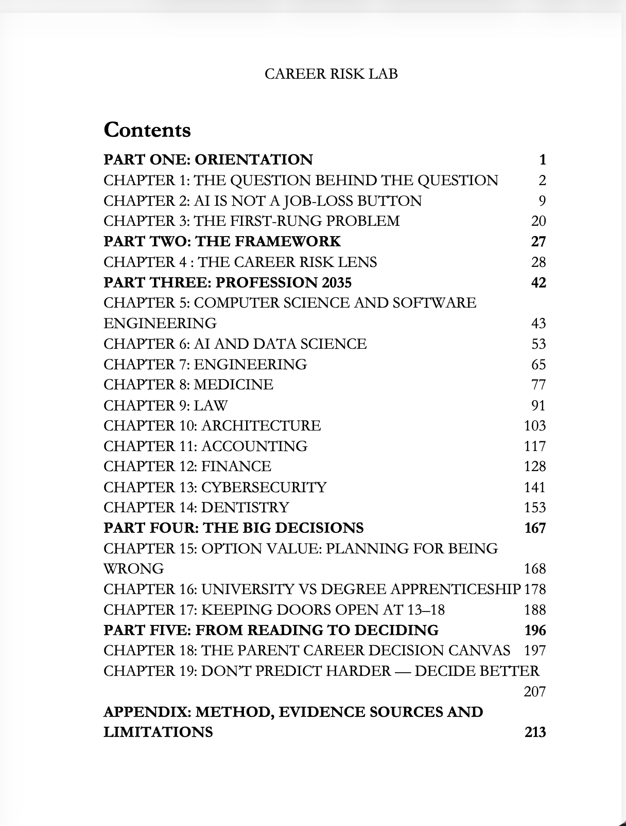 Table of contents from What Should My Child Study? showing all chapters and sections