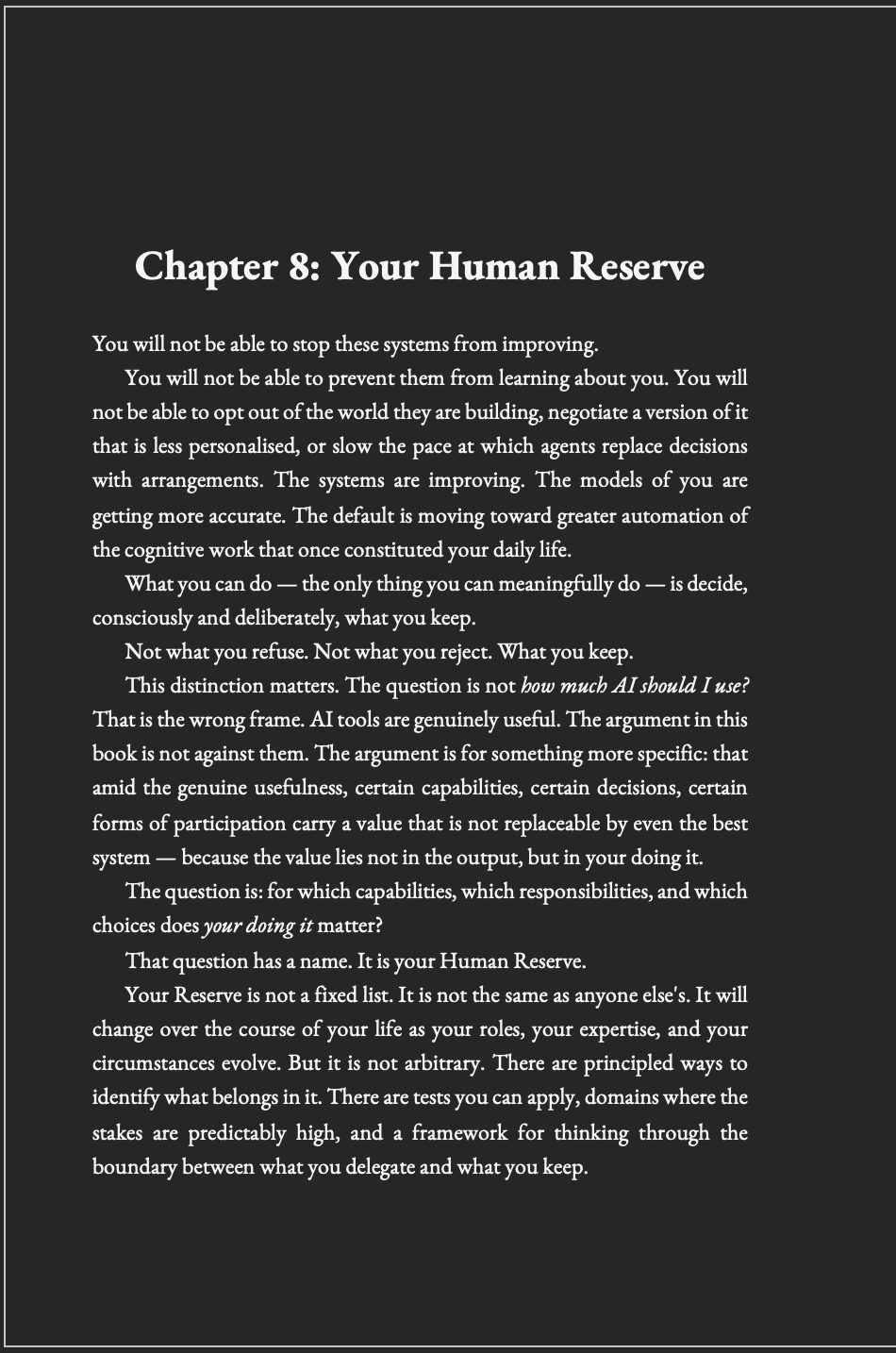 The Human Reserve framework showing KEEP/AUGMENT/DELEGATE model and four tests
